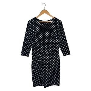 Ann Taylor Dress Womens M Polka Dot Blouson Pleats 3/4 Sleeve Career Black